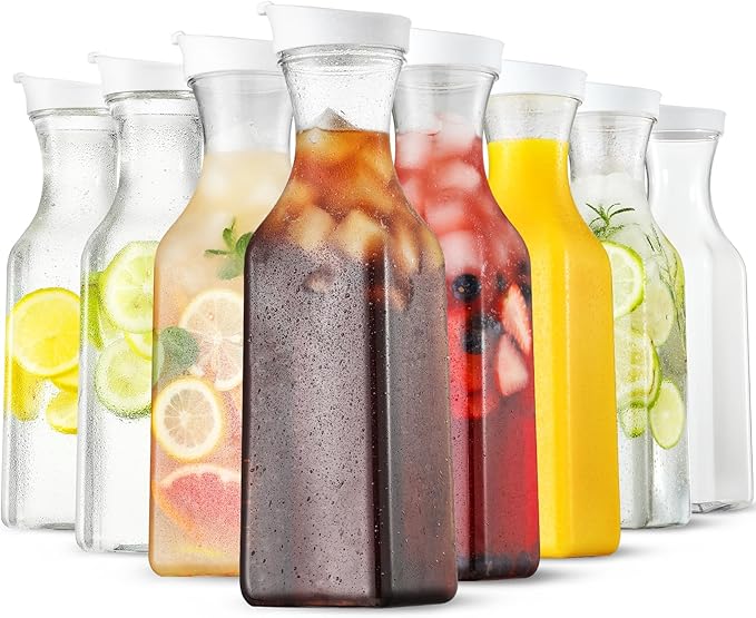 Plastic 8 PACK Large 50 Oz Water Carafe with Flip Top Lid, Square Base Juice Containers, Clear Plastic Pitcher - for Water, Iced Tea, Juice, Beverage, Milk, Cold Brew and Mimosa Bar - HAND WASH ONLY