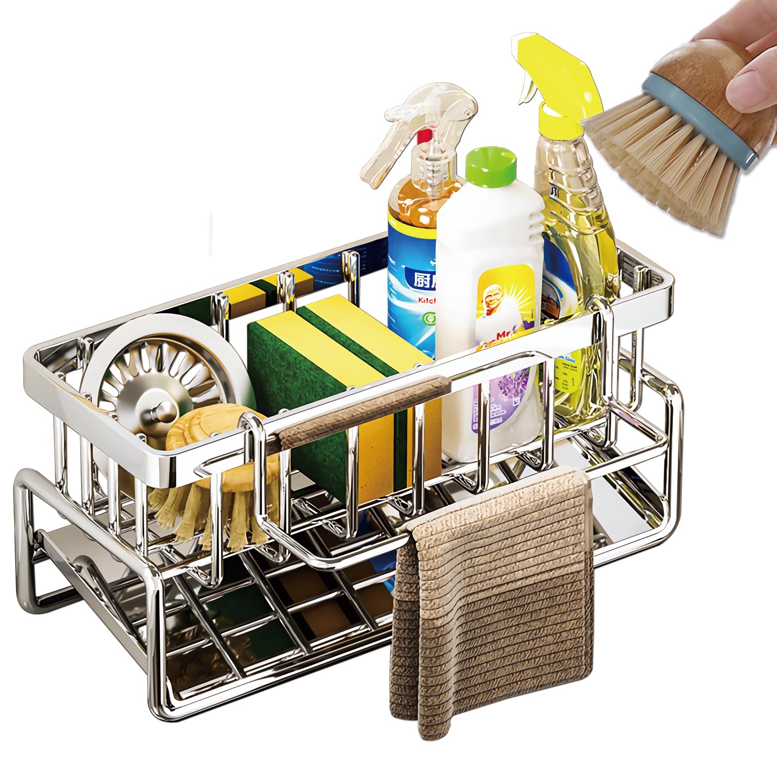CIT ZCFYU Sponge Holder for Kitchen Sink, Sink Caddy Organizers Stainless Steel,30°Tilt Self-Drainage,Sponge Holder with Dish Brush Holder,Removable