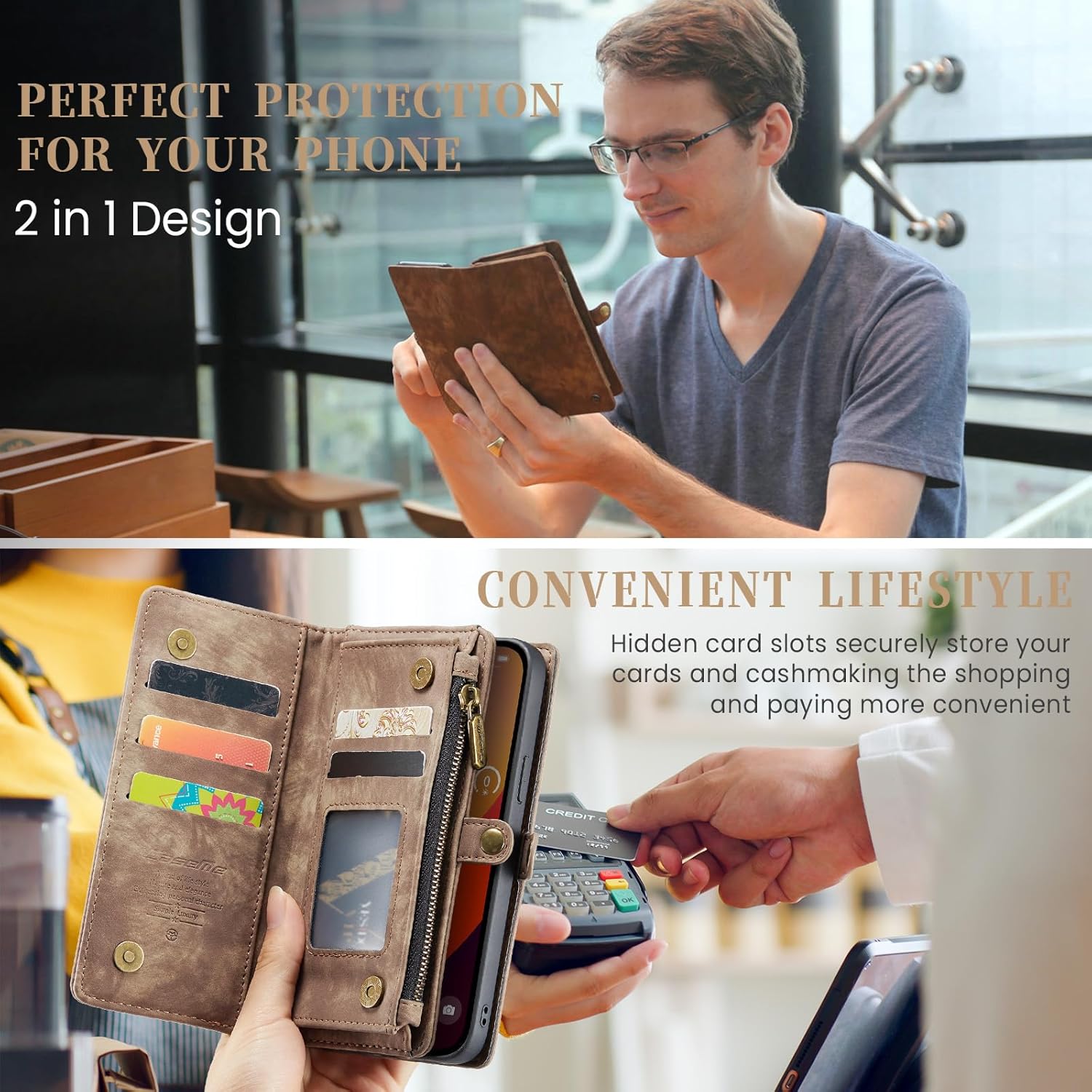 iPhone 15 Pro Max Wallet Case,Zipper Folio Leather Case Wallet with Card Holder,Strap Wristlet,Detachable Magnetic Protective Back Case for iPhone 15 Pro Max 5G 6.7 Inch (Coffee)