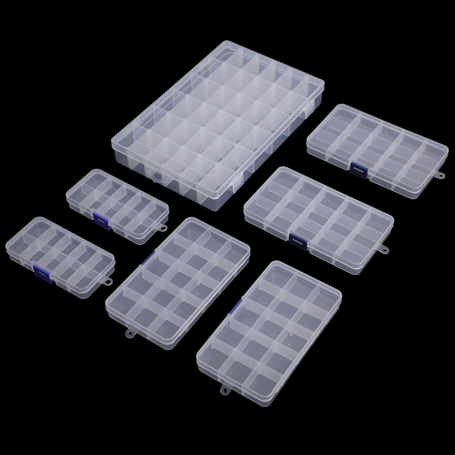 WingsShop 7 Pack Clear Plastic Organizer Box 36 Grids 15 Grids &10 Grids Storage Container with Adjustable Dividers for Jewelry Beads Earring Crafts and Small Parts with 2 Sheets Label