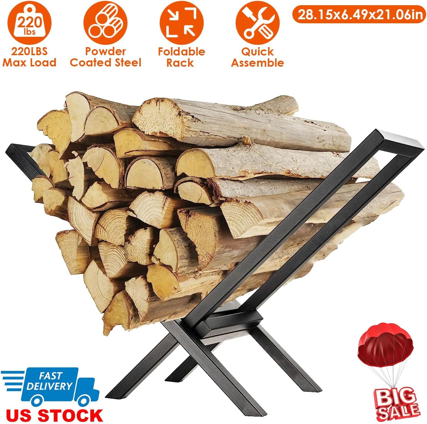 Firewood Log Rack, 220lbs Steel Storage, X-Shaped Wood Lumber Stacking Rack for Fireplace and Firepit