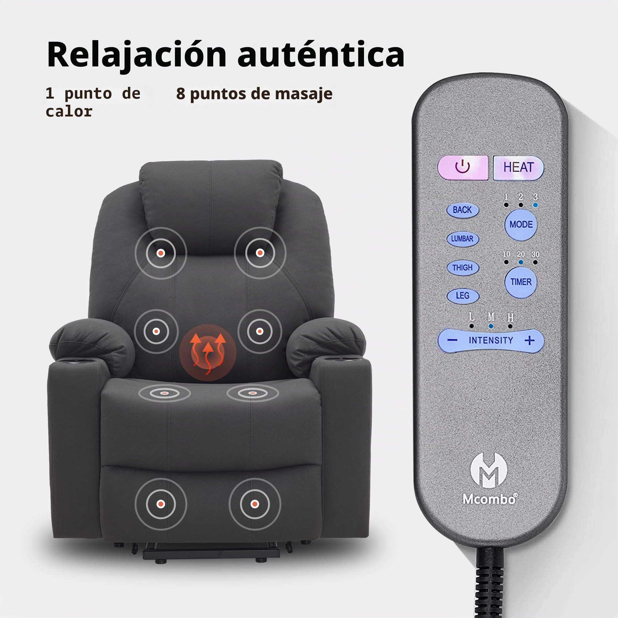 M MCombo reclinable eléctrico Sillón TV Sillón Relax 7040 Masaje calefacción Regulable eléctricamente conexión USB (Gris Oscuro-Microfibra)