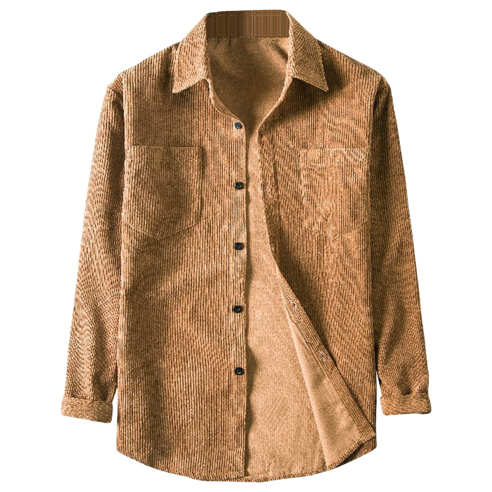 Maiyifu-GJ Mens Long Sleeve Corduroy Shirts Solid Color Button Down Ribbed Fall Tops Lightweight Casual Warm Shacket Jacket (Khaki,Large)