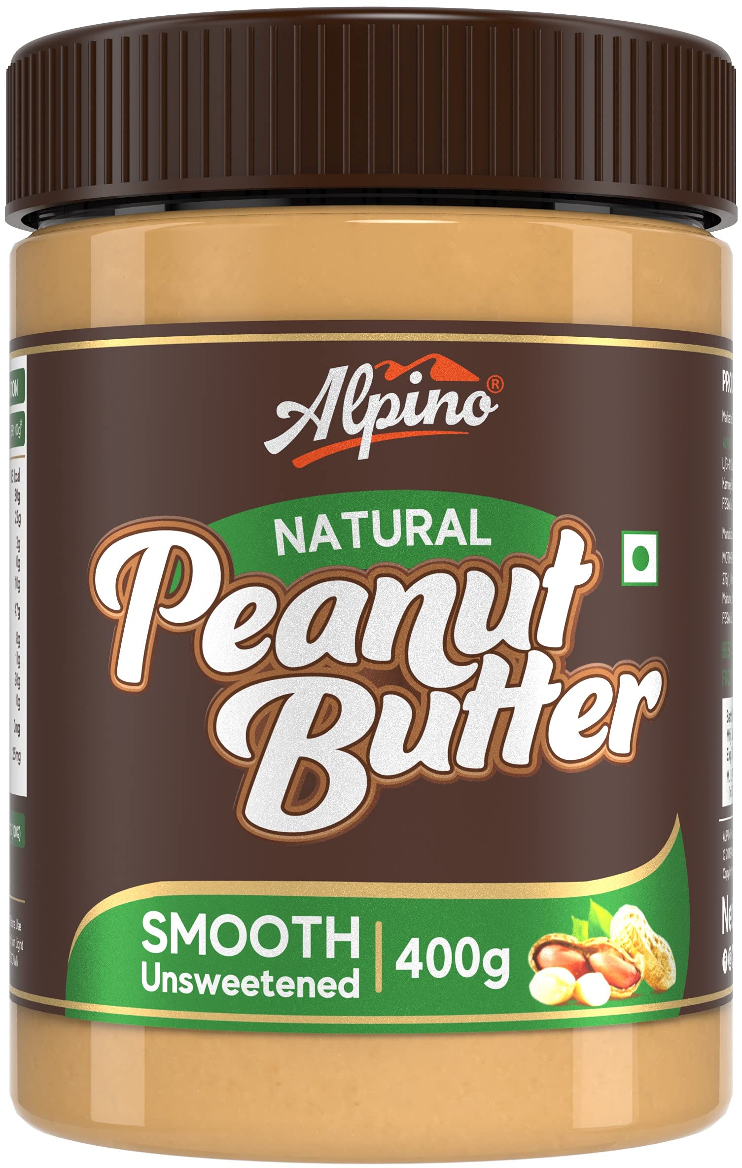 Alpino Natural Peanut Butter Smooth 400 G Unsweetened 30 G Protein 100 Roasted Peanuts