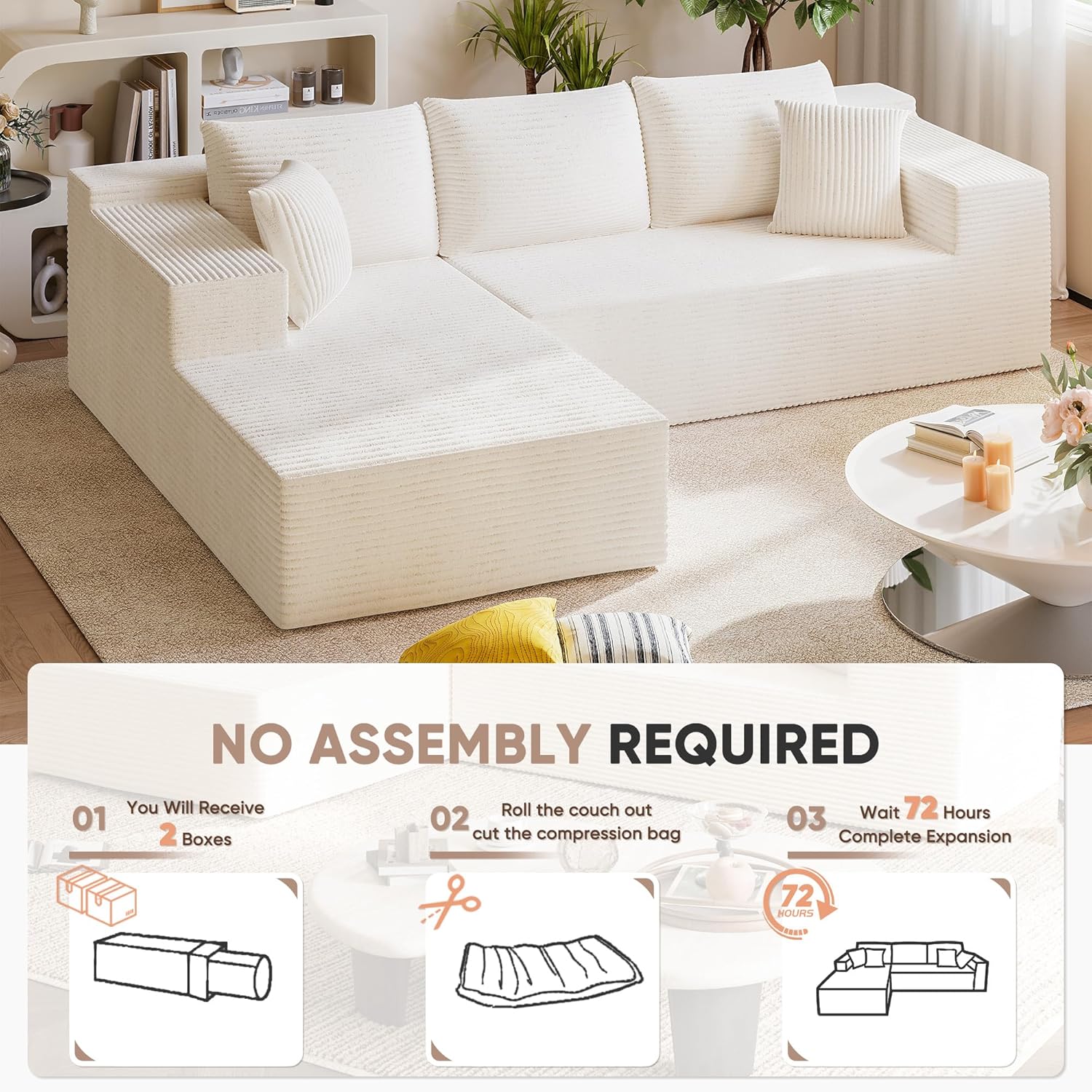 Homall 108" Modular Sectional Sofa, Boneless Couch with L-Shape Chaise, Cloud Couch with Deep Seat Upholstered, No Assembly Required for Living Room, Bedroom (Corduroy, Beige)
