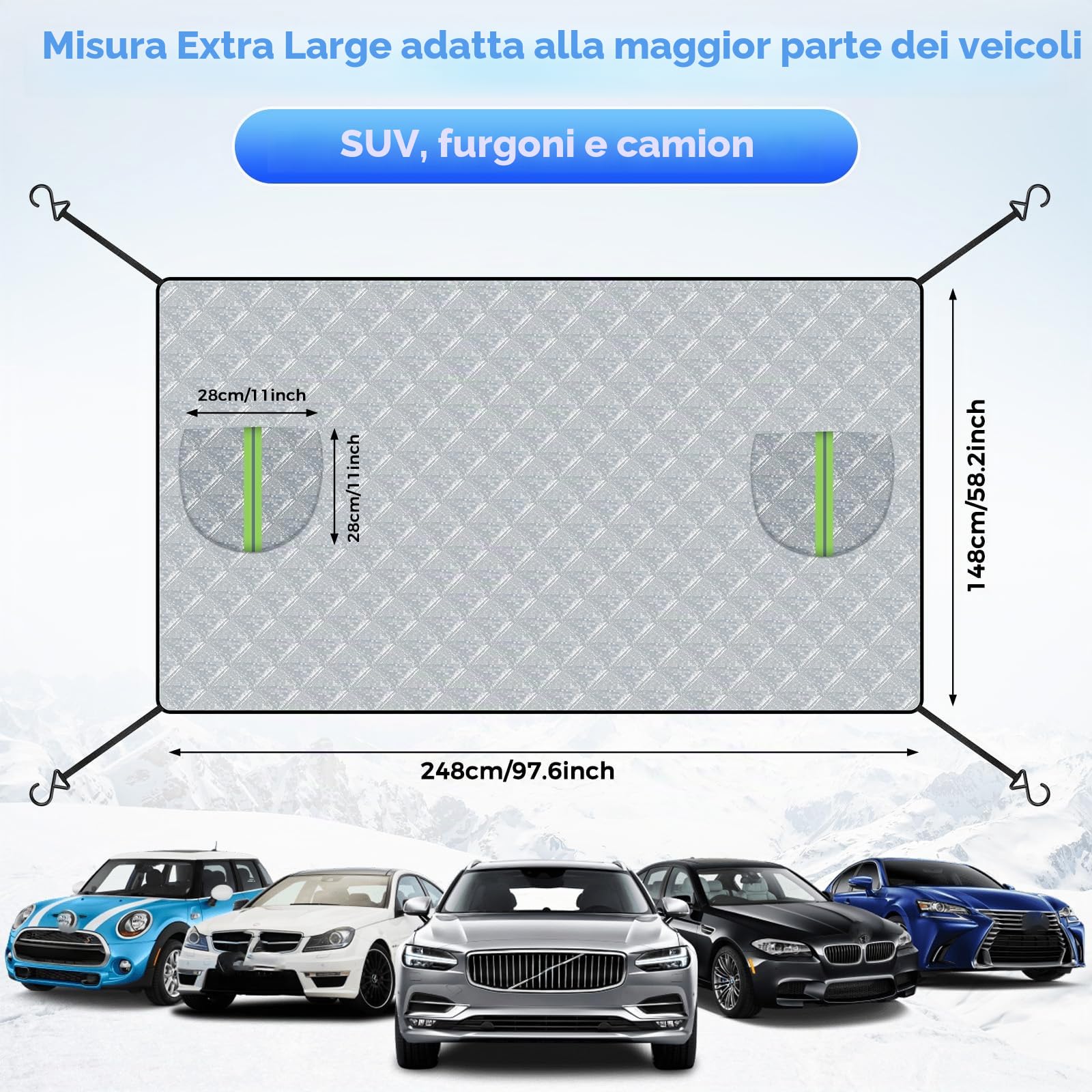 Copriparabrezza Auto Inverno Copri Vetro Auto Ghiaccio Aggiornamento 2025 per Auto Antighiaccio Contro Neve, Ghiaccio, Gelo, Sole UV Adatto la Maggior Parte dei Veicoli 248 * 148cm