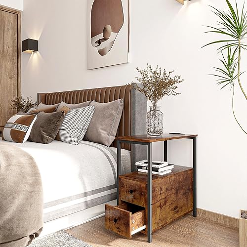 Miniatura 9 de Mesa auxiliar con estación de carga, mesa auxiliar con 2 cajones de madera, mesita de noche estrecha de 2 niveles con puertos USB y tomas de