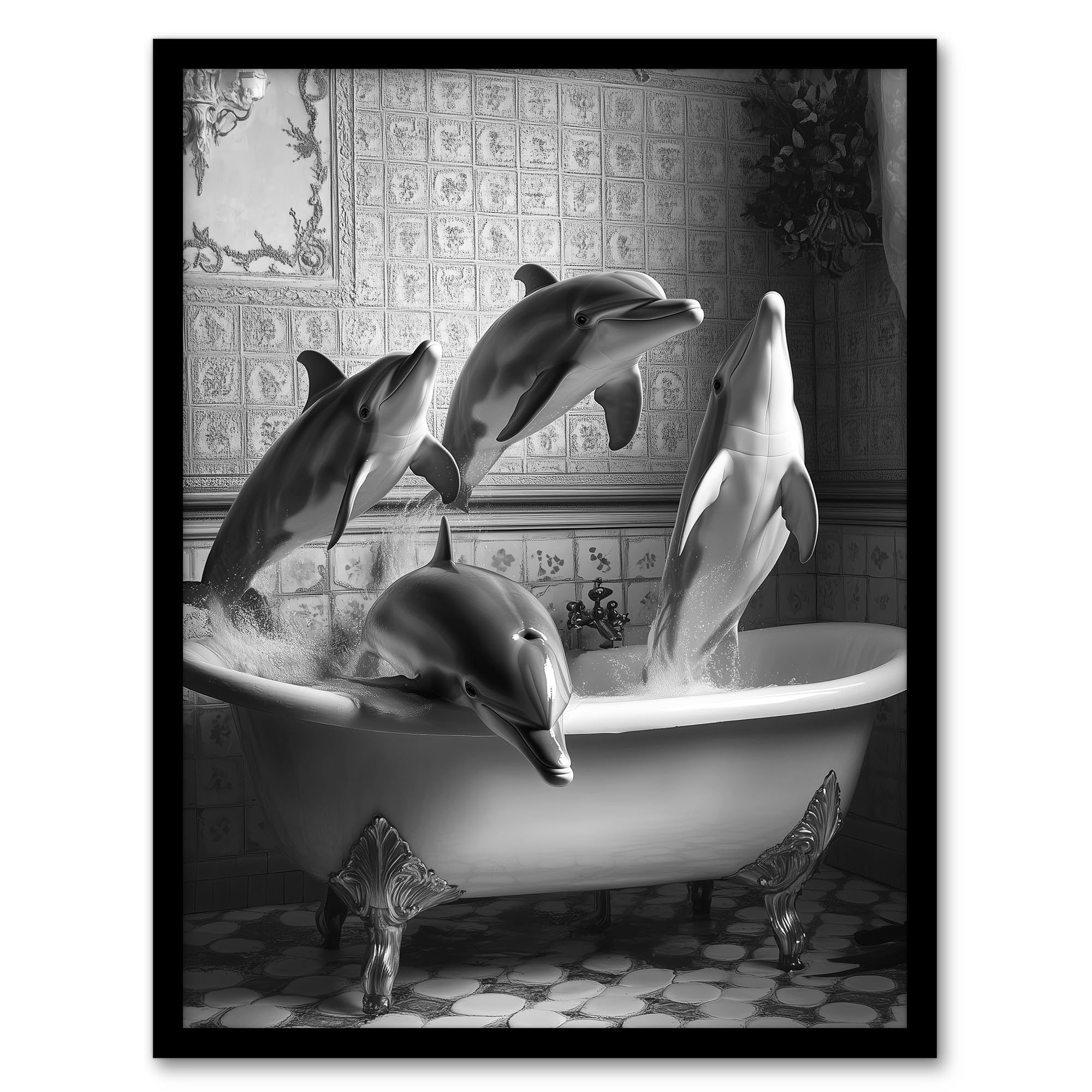Artery8 Dolphins Playing in Bathtub Black White Surreal Bathroom Toilet Artwork Framed Wall Art Print 18X24 Inch