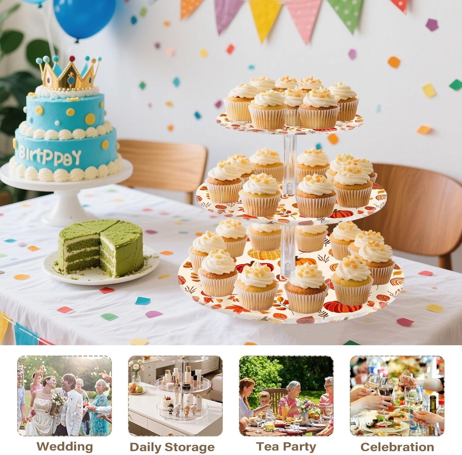 Pumpkin Leaves Maple Wheat Thanksgiving 3 Tier Acrylic Cupcake Stand, Cupcake Stand for 34 Cupcakes for Weddings, Christmas,Holidays,Parties,Birthday,Printed Cupcake Tower 23300447