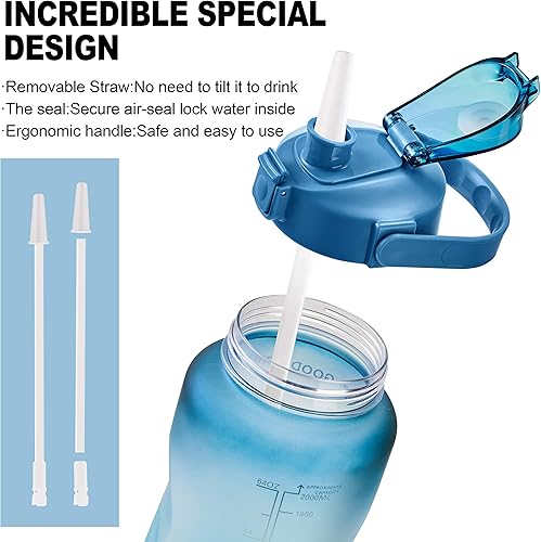 Miniatura 6 de Botella de agua a prueba de fugas, 64 onzas (1.89 l), con marcas de hora y palabras motivadoras, sin bisfenol A, para entrenamiento, gimnasio y