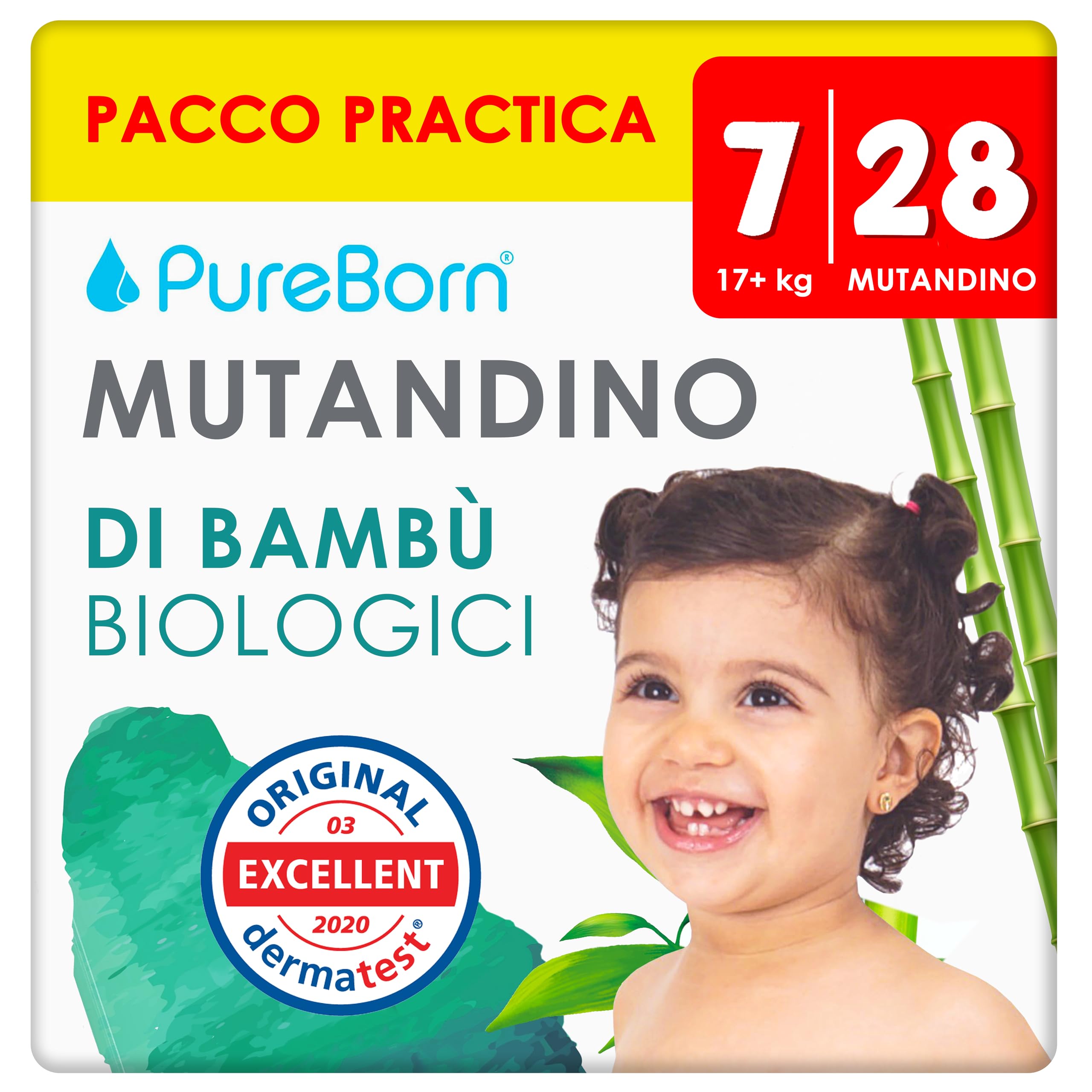 PureBorn 28 Mutandina taglia 7 (17+ kg), Ultra assorbente, Ipoallergenico, Mutandina Dermatologicamente testato, Protezione completa, Mutandina di alta qualità naturali bambù
