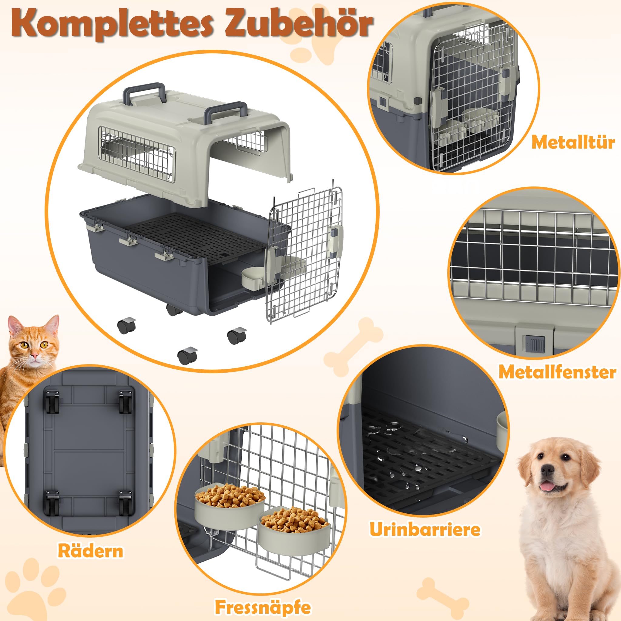 Froadp Trasportino per animali domestici, cani, gatti, in plastica PP, 80 x 57 x 70 cm, trasportino per gatti con ruote e distanziatori per urine e ciotole da appendere