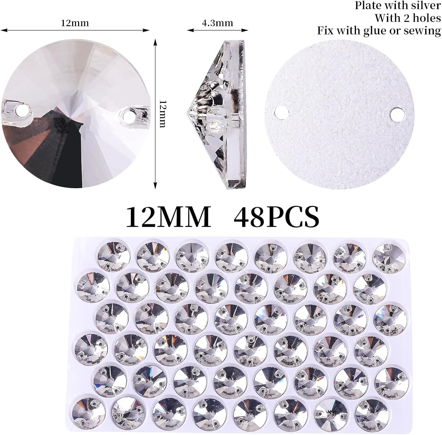SWTHONY 12mm Clear Round Sew On Rhinestones for Crafting, 48pcs Crystal Glass Gems Silver Plated Flatback Jewels with 2 Holes for Crafts Clothes Fabric - Image 2