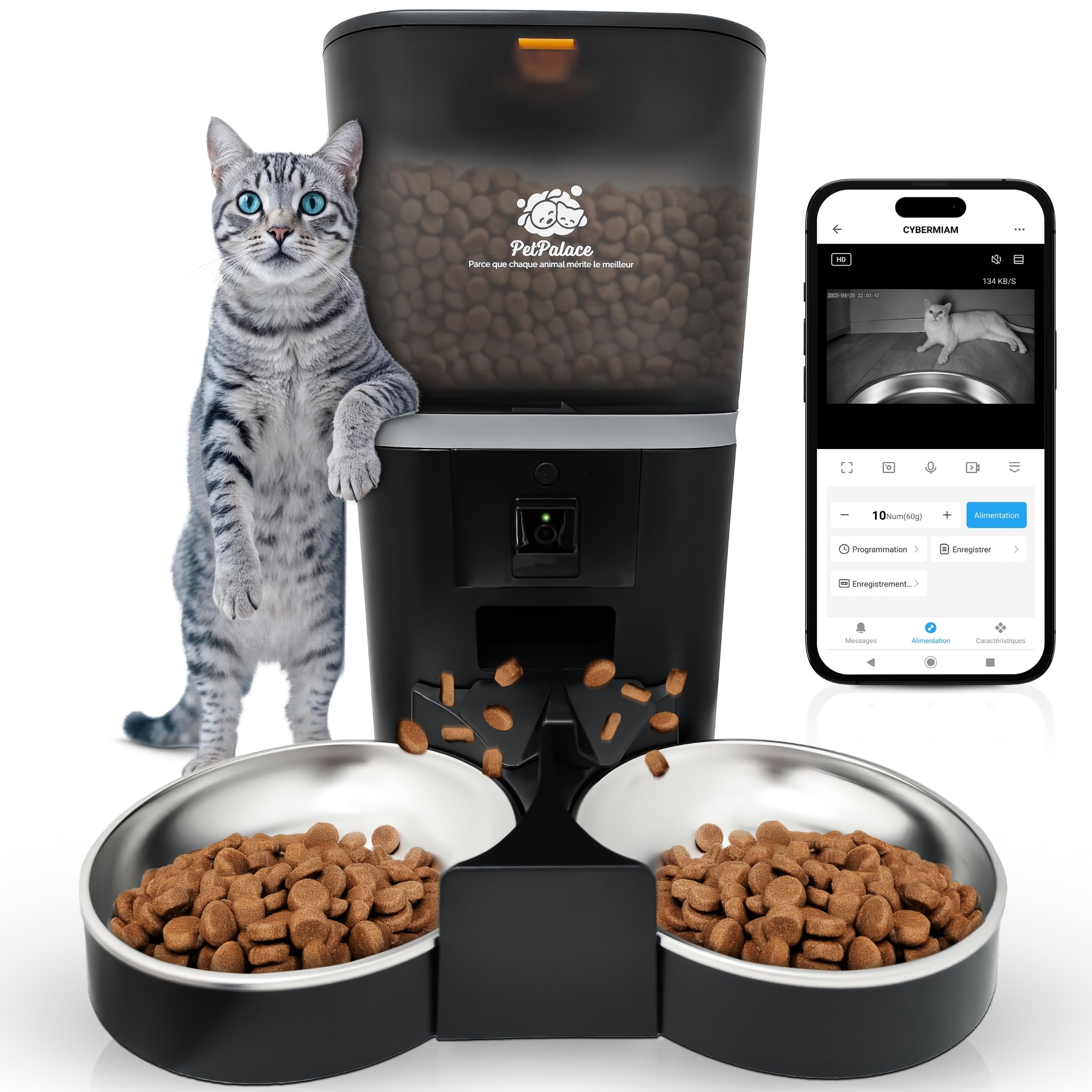 Distributeur croquettes Chat Automatique Double gamelle avec caméra – Nourriture équitable pour 2 Chats ou Plus – Surveillance à Distance – Sérénité pour Vous, Confort pour eux
