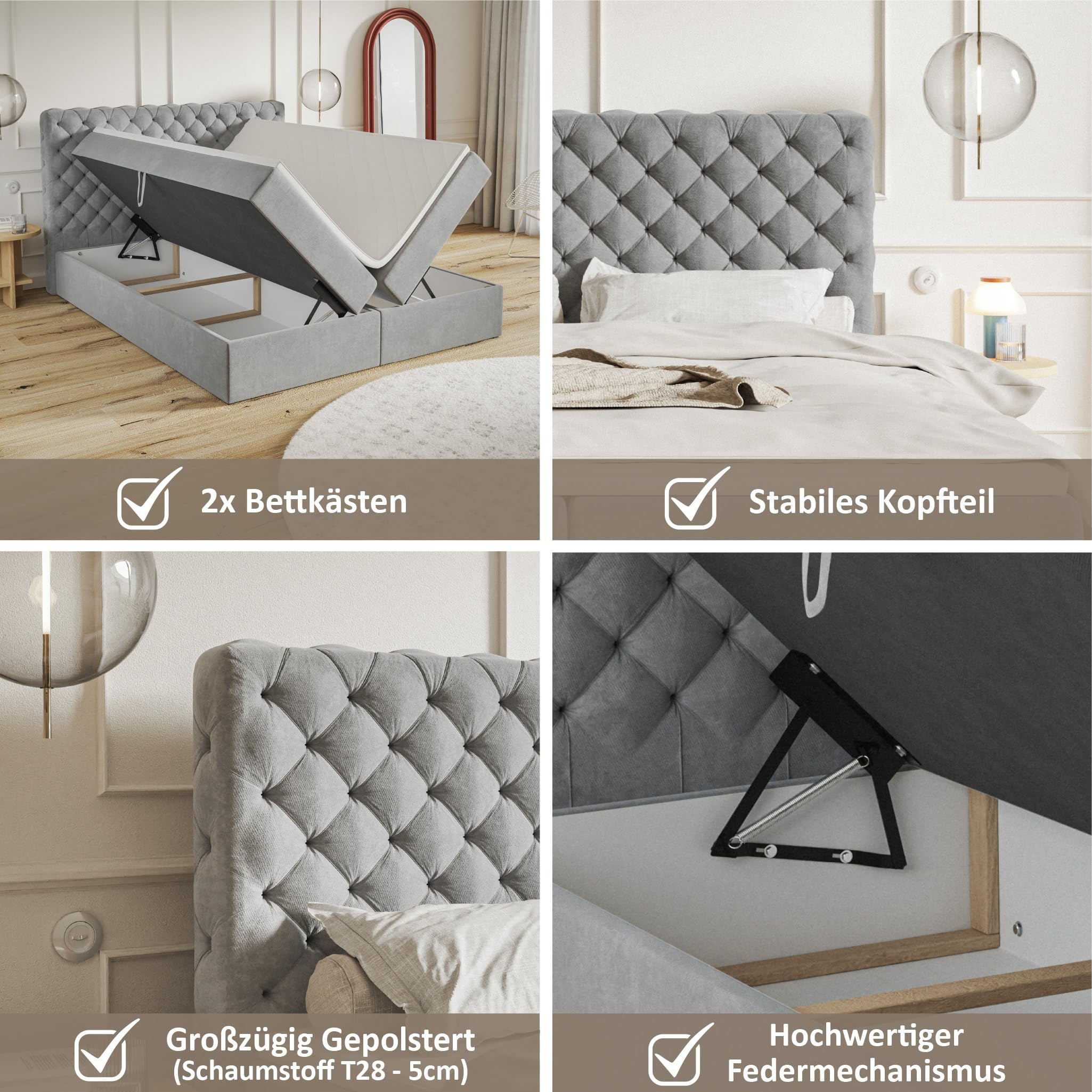 MOTIVENA Nero Chesterfield Boxspringbett 180x200 mit Bettkasten und Topper, Polsterbett 180x200 mit Bettkasten, Taschenfederkern-Matratze (H3), T28 Schaumstoff Topper (H3), Samt, Beige