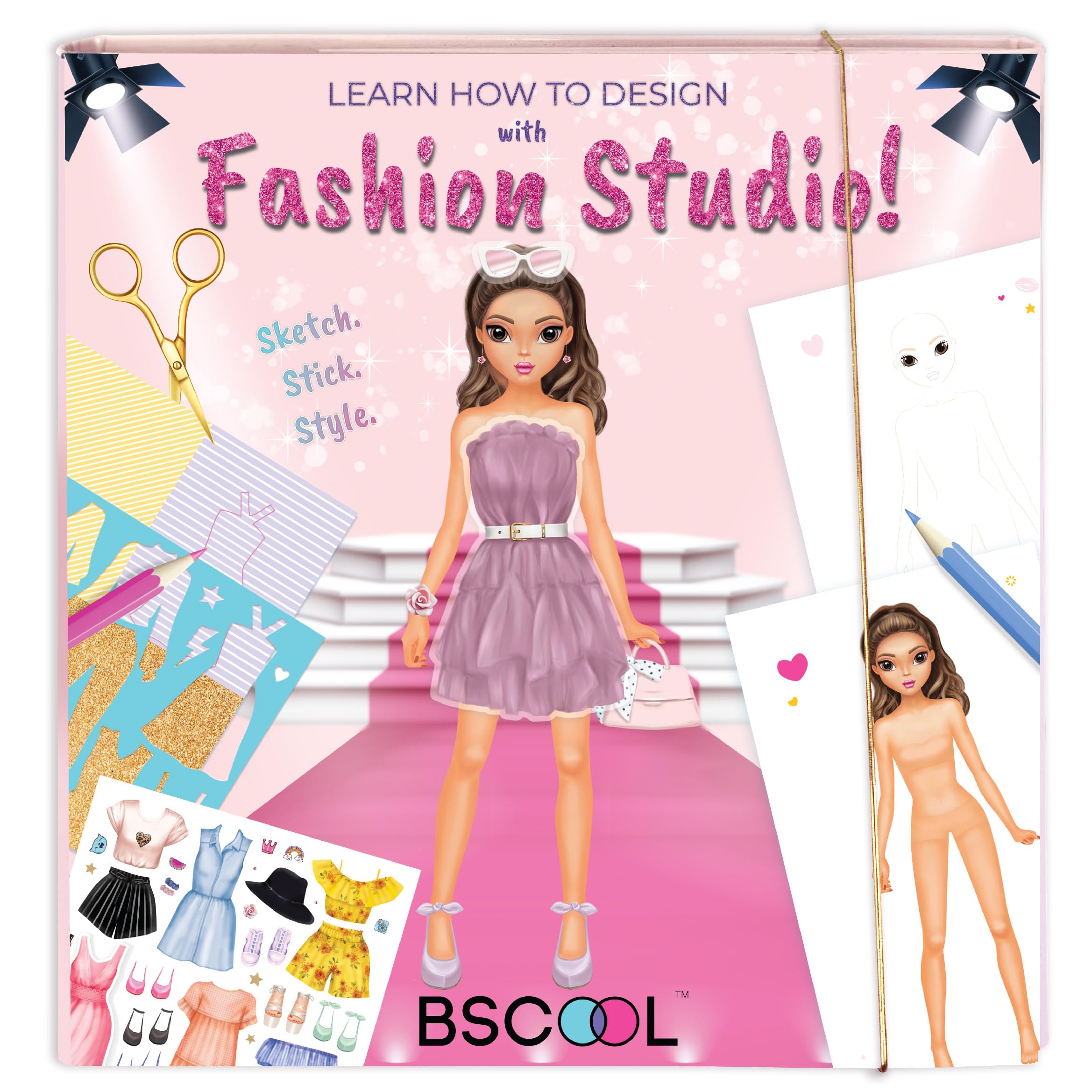 Fashion Studio Dress Up, Drawing, Coloring. Little Designer Creativity Book for Kids 4 and Up with Stickers, Stencils, Textures - Creative Fashion Design Sketchbook for Girls. Christmas Gift