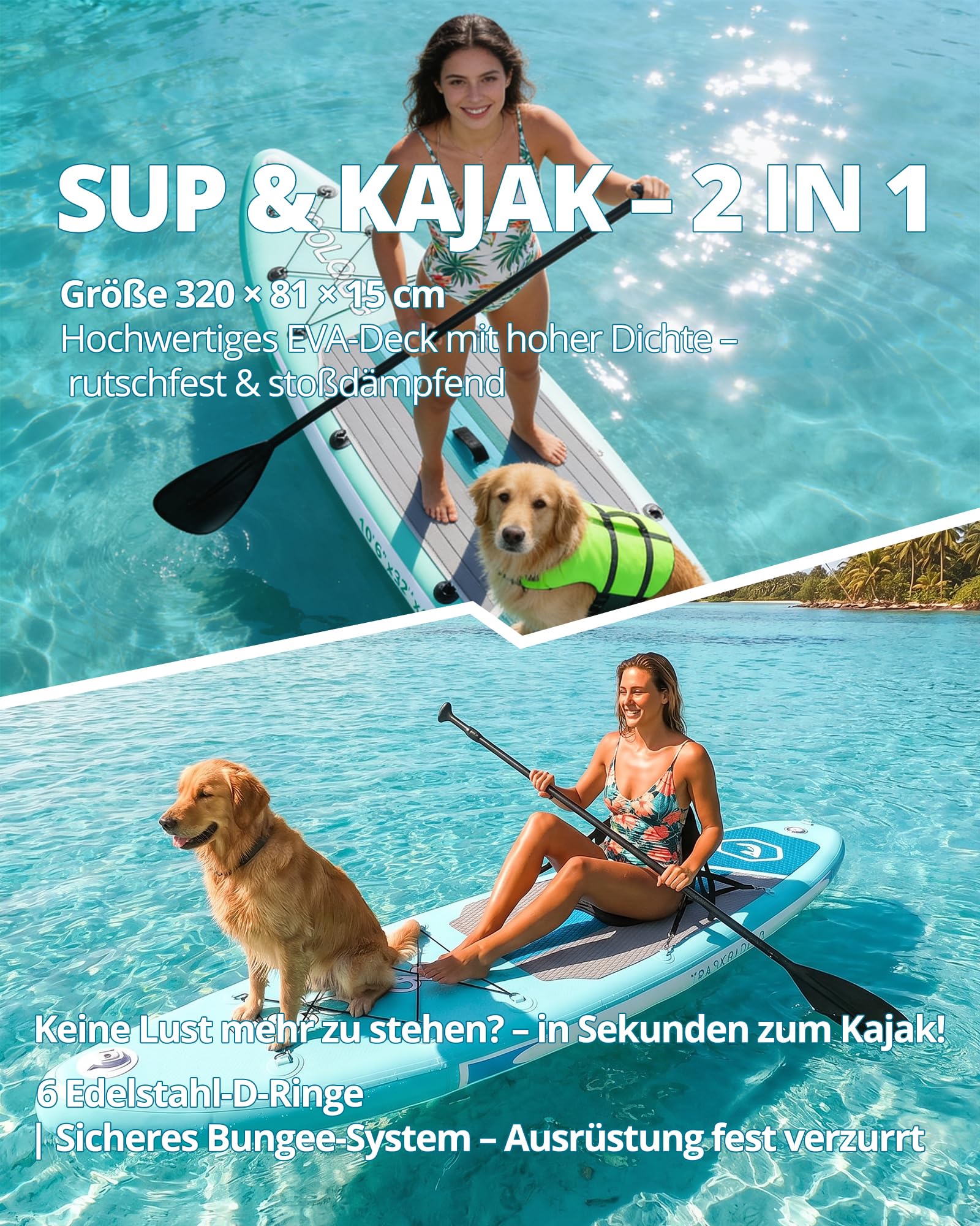 Premium Stand up Paddling Board mit Sitz, max. 200 kg | 320 × 81 × 15 cm Allround SUP Board für Anfänger & Fortgeschrittene, mit Universal-Kamerahalterung – geeignet für 2 Personen