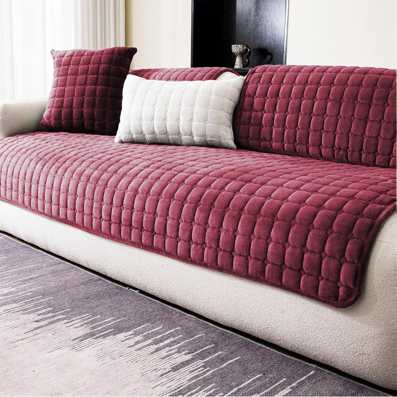 LINGKY Soft Flannel Sofa Covers Washable - Sofa Cushion Covers, Non-Slip Sofa Cover 1 2 3 Seater Couch Covers for Sectional Sofa, Sofa Slipcovers L Shape Furniture Protector (Wine Red, 70x120cm) — image 1