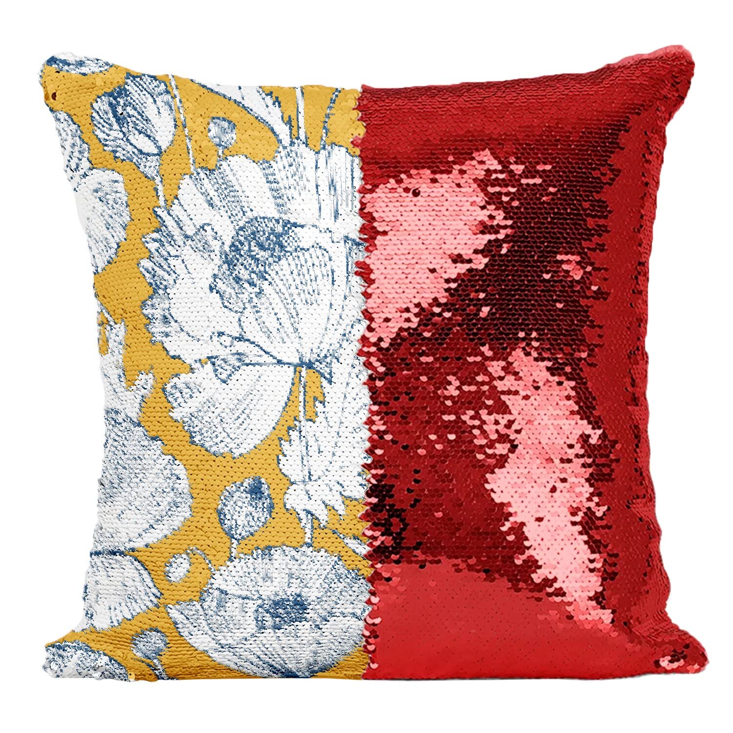 Coussin avec housse sequin brillant motif coquelicot doré et paillettes rouge