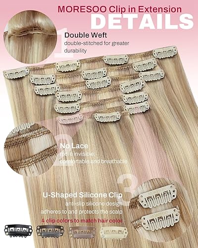 Miniatura 4 de Moresoo - Extensiones de cabello humano Remy con pinzas, doble trama, lacio, para mujer, color rubio ceniza oscuro con reflejos rubio dorado, 18