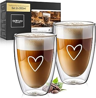 ElbFuchs® Latte Macchiato Gläser doppelwandig [2x 350ml] GESCHENKIDEE mit HERZ | Kristallklare Thermogläser doppelwandig | Ideal als Cappuccino Gläser | Kaffeegläser | Teegläser