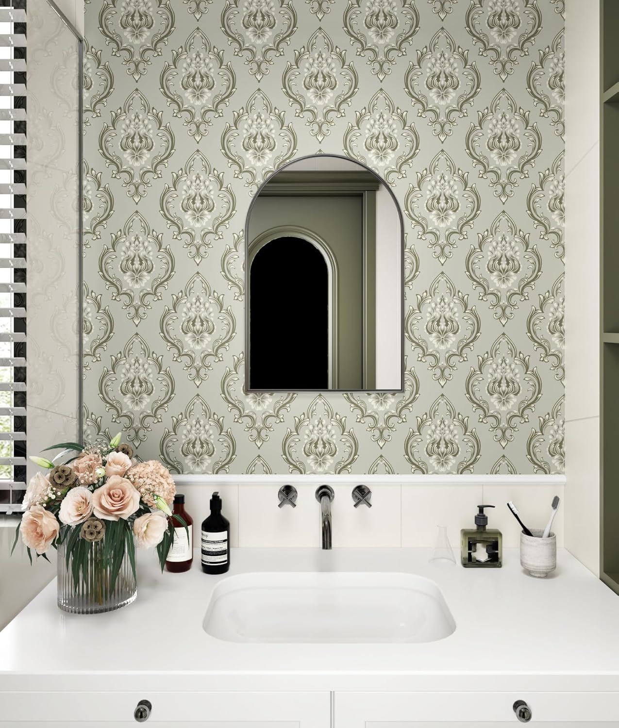 Victorian Damask Peel and Stick Wallpaper Vintage Contact Paper for Walls Neutral Damask Wallpaper Green Boho Floral Contact Paper for Bedroom Living Room Accent Wall Cabinets 17.5" x 102"