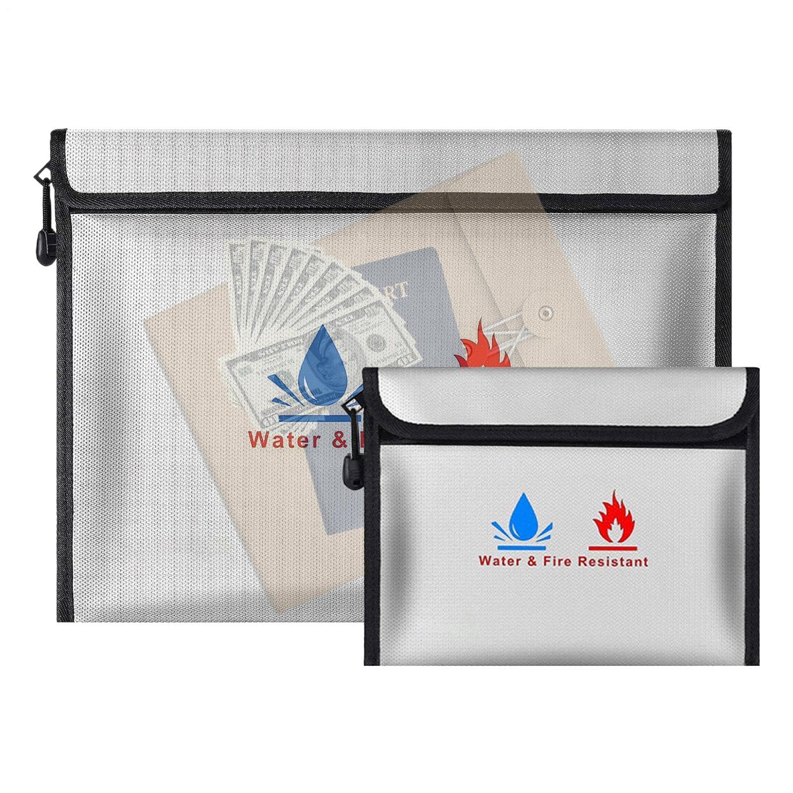 Borsa portadocumenti ignifuga in fibra di vetro siliconica e pellicola di alluminio in fibra di vetro | 38 x 28 cm grande e 23 x 18 cm piccola con protezione a doppio strato, borsa impermeabile per contanti, resistente al fuoco