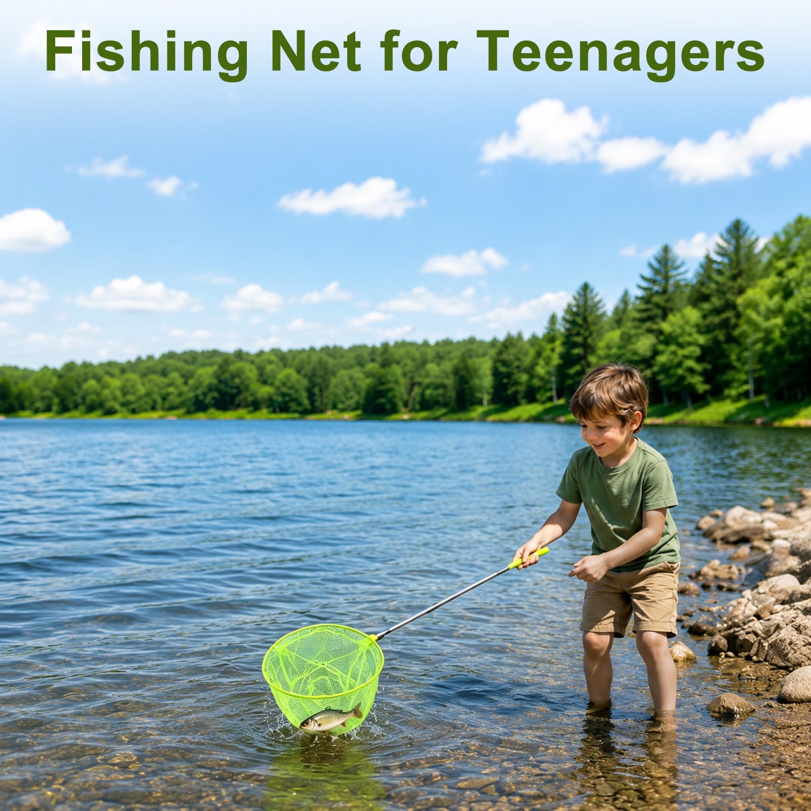 M METERXITY 1 filet de pêche télescopique pour adolescents, extensible de 48 cm, petits filets avec poignée réglable pour attraper les insectes/petits poissons/crevettes/aquarium/extérieur [Vert]