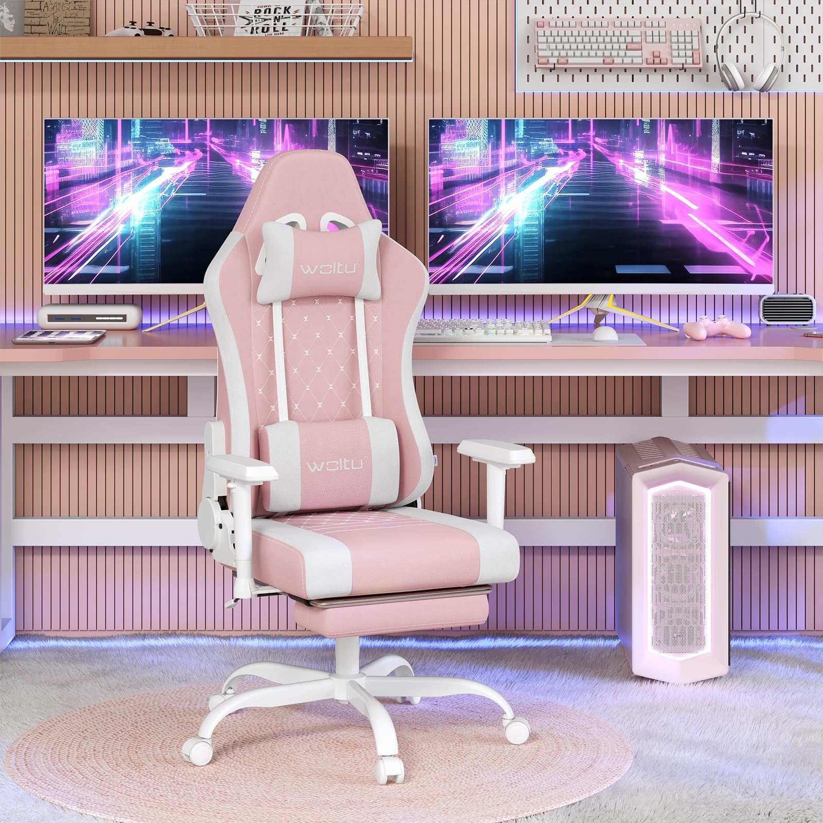 WOLTU Silla Gaming con Masajeador, Silla Ergonómica Escritorio, con Reposacabezas y Soporte Lumbar, Asiento Ancho, 150 kg, Tela de Malla, Rosa+Blanco
