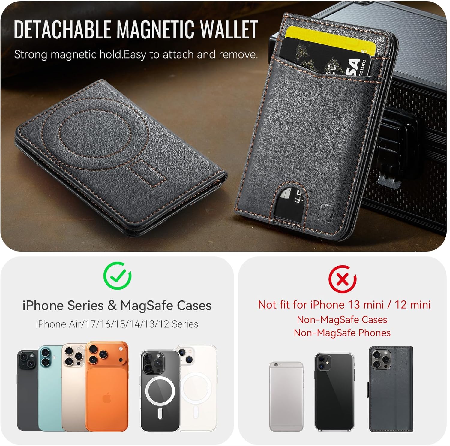 Strong Magnetic Wallet Card Holder Compatible with MagSafe Phones and Cases, Slim PU Leather Phone Wallet with 6 Card Slots RFID Blocking for iPhone 16/15/14/13/12 Series – Black - Image 9