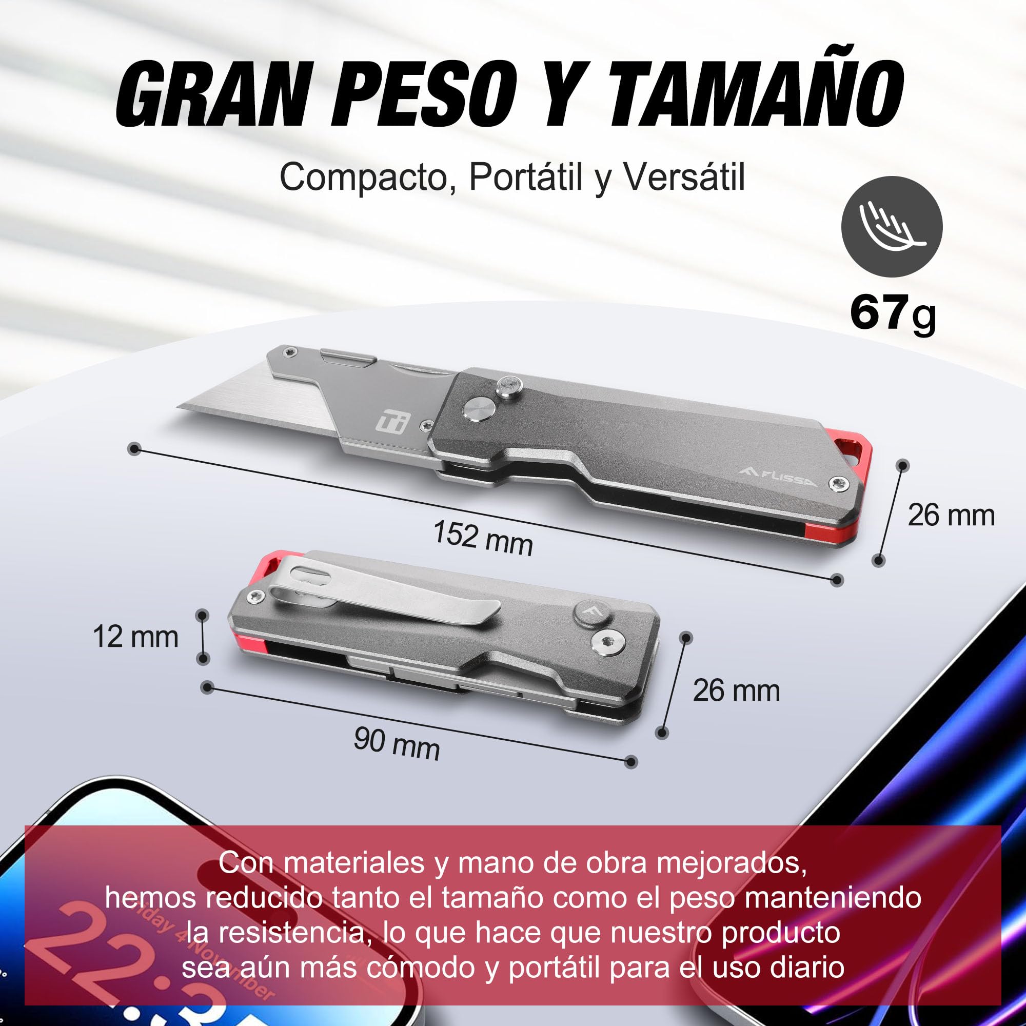 FLISSA Cuchillo Plegable para Alfombra, Cuchillo Universal Fresado en Titanio CNC, Cuchillo de Corte con Cuchilla de Cambio Rápido, con 10 Cuchillas Adicionales