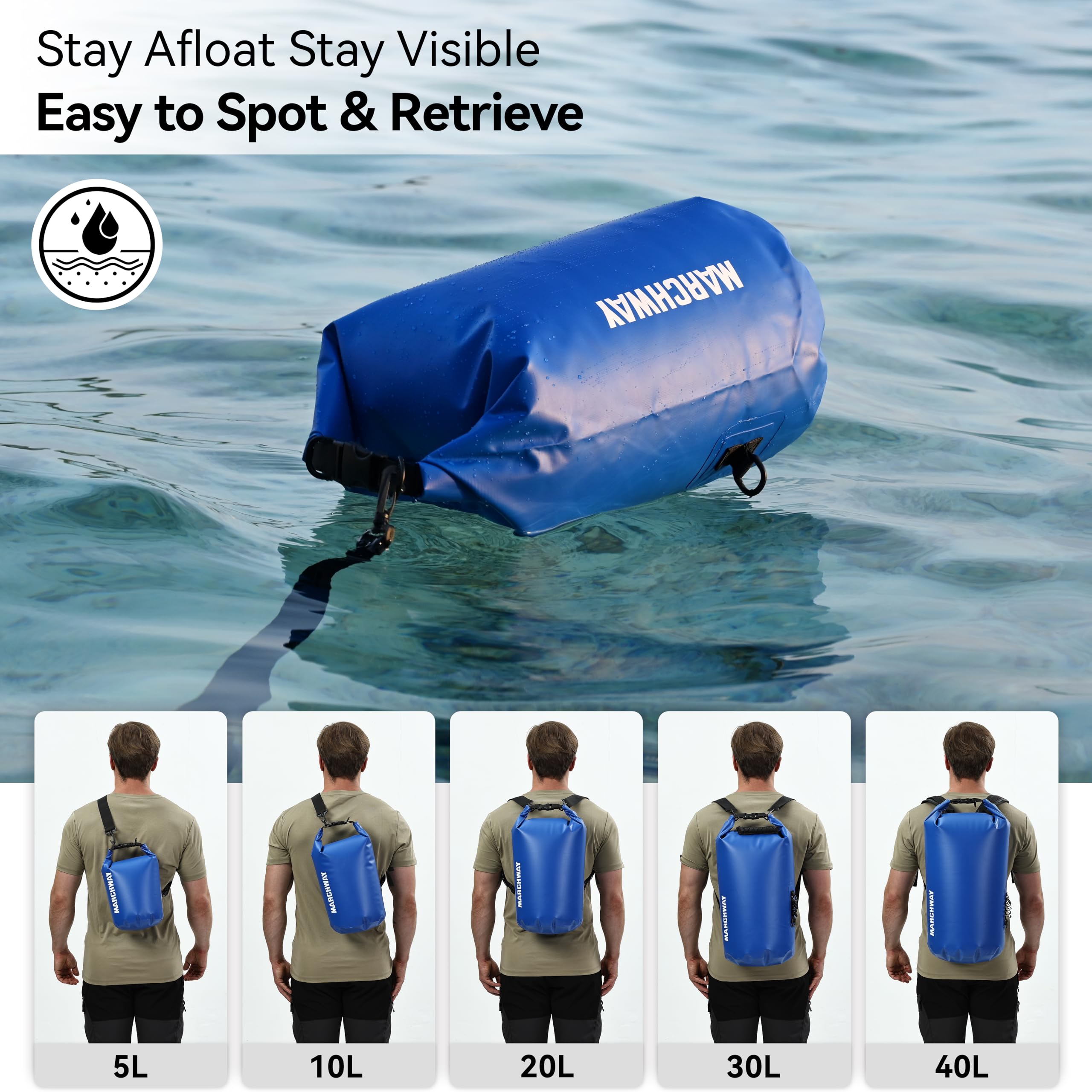 MARCHWAY Mochila Impermeable Flotante de 5L/10L/20L/30L/40L, Saco Enrollable Que Mantiene el Equipo seco para Kayak, Rafting, canotaje, natación, Camping, Senderismo, Playa, Pesca, Azul Oscuro, 10 L