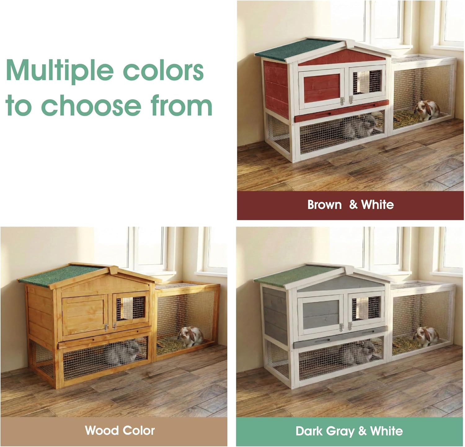 2 Story Rabbit Hutch Outdoor Indoor, Wooden Bunny Cage with Waterproof Roof, Removable Cleaning Tray & Access Ramp,Ideal for Rabbit & Guinea Pig