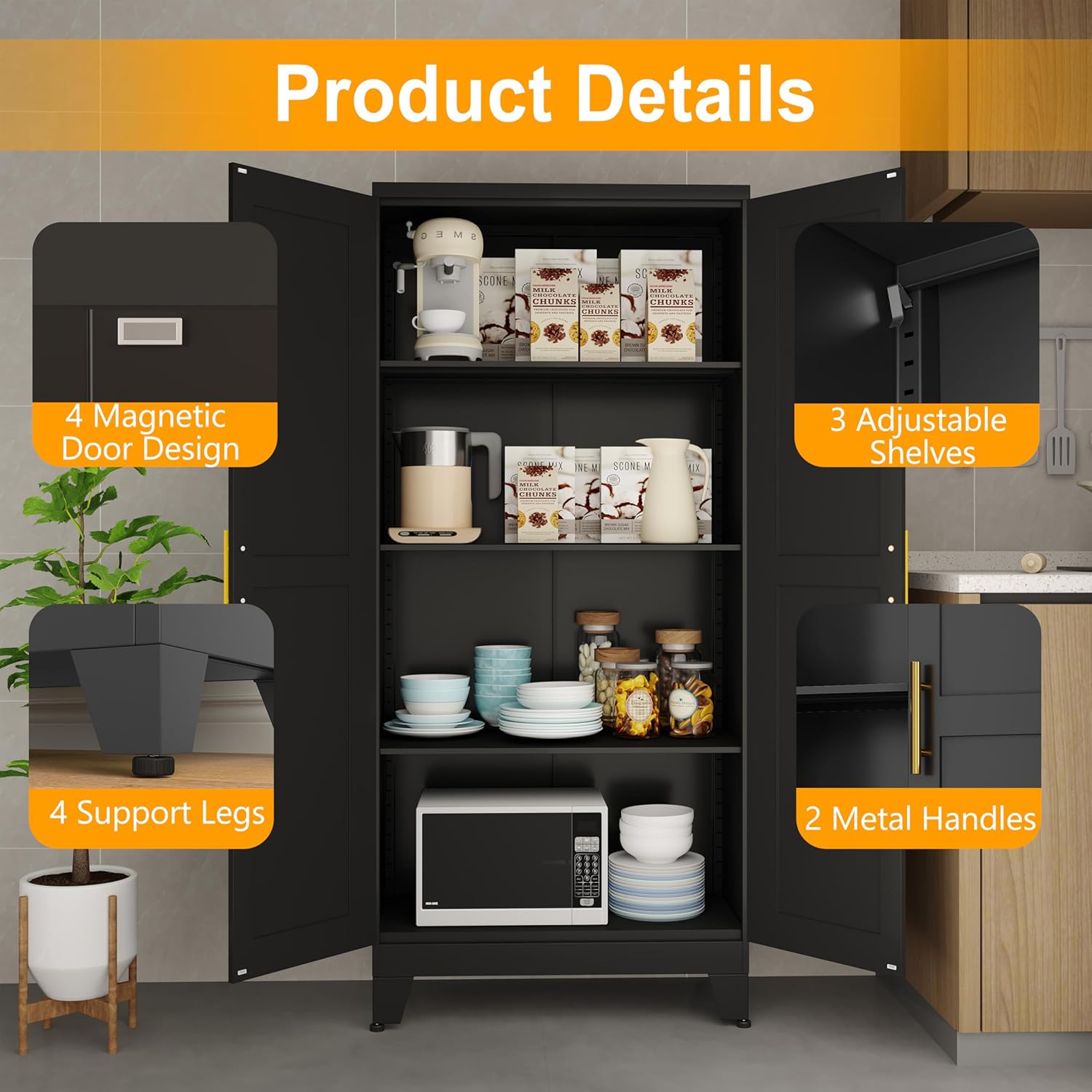 Detailed view of the cabinet's features including 4 magnetic door design, 3 adjustable shelves, 4 support legs, and 2 metal handles.