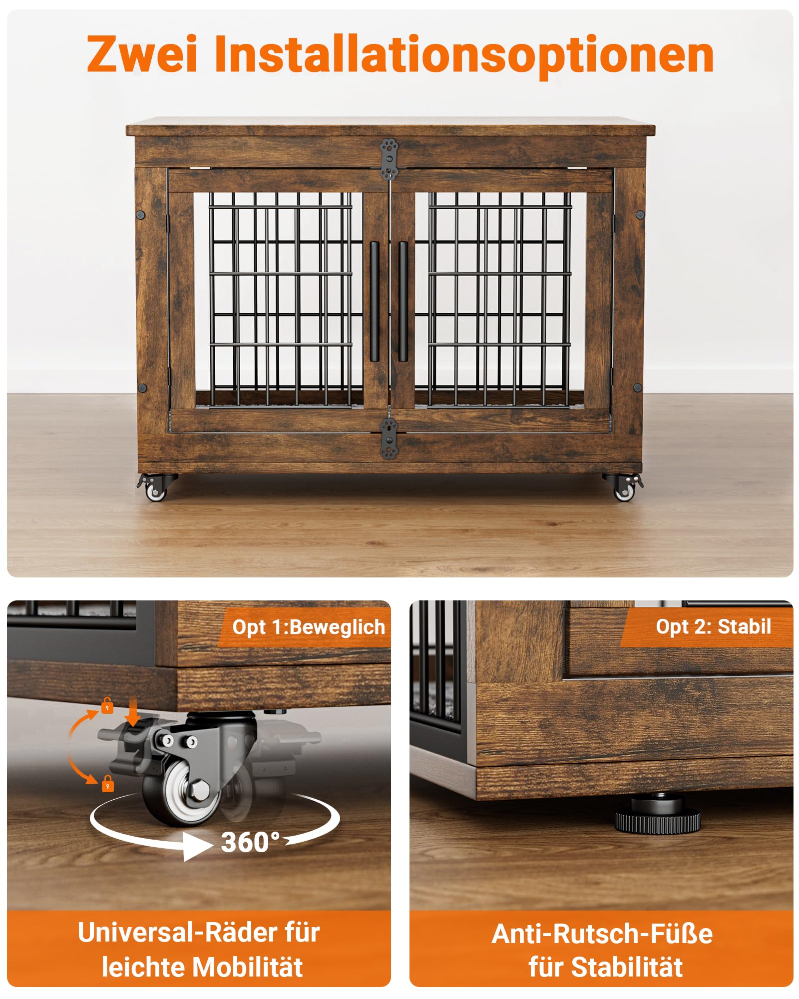 GIKPAL Hundebox für Zuhause mit Kissen, 83cm Hundekäfig Möbel für Drinnen mit Doppeltüren und Rädern, Moderne-Hundebox Holz für Klein, Mittlere Hunde bis zu 45 lb, 83x56x64cm, Rustikales Braun