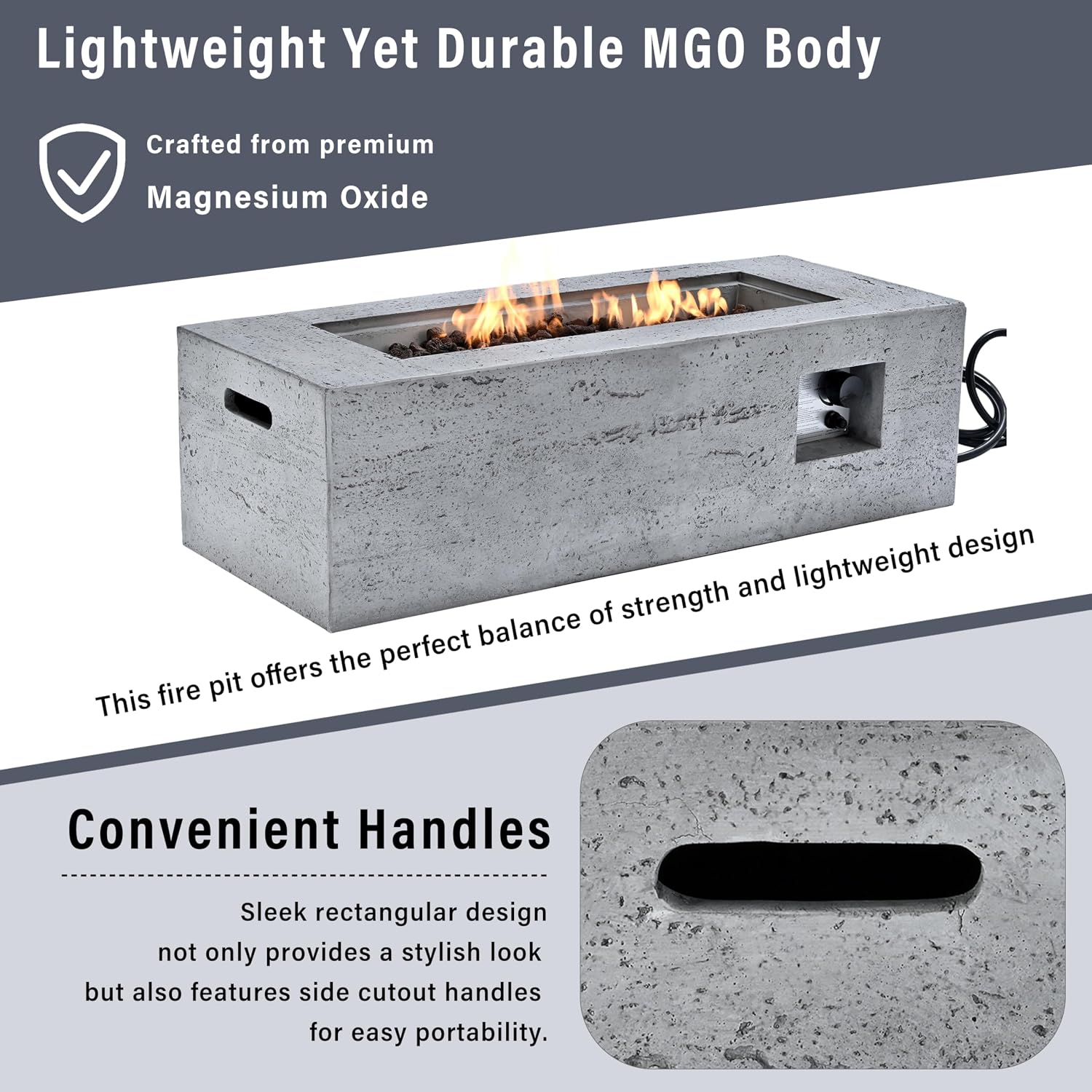 41.9" 2-Piece Fire Pit Set, Outdoor Fire Pit Propane Tank Stand Set, 40000 BTU Rectangular Fire Pit with Hidden Tank Cover, Fire Table with Side Table, Modern MGO Design, Beige, Light Gray