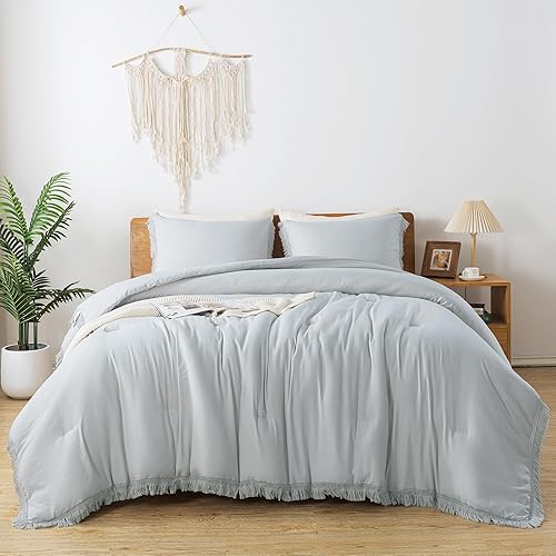 Miniatura 7 de Andency - Juego de edredón de tamaño matrimonial en gris claro, 3 piezas, con borlas estilo bohemio, edredón ligero y esponjoso para todas las