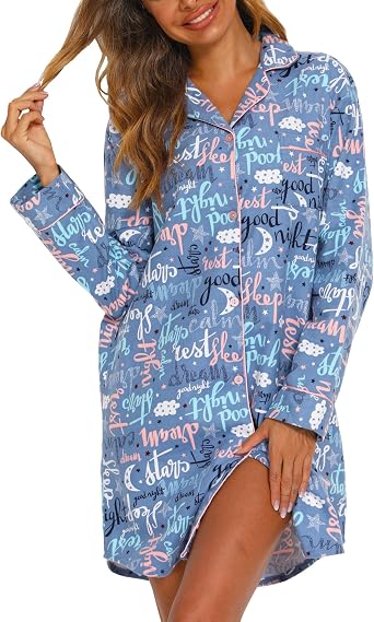 ENJOYNIGHT Womens Sleep Shirt Flannel Print Pajama Top Button-Front Nightshirt Sleepwear