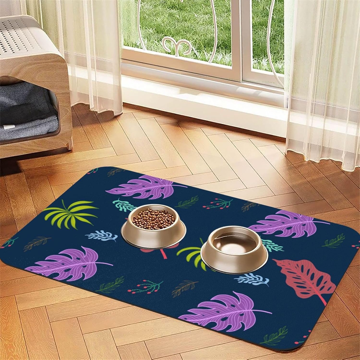Colorful Tropical Hawaii Palm Tree Leather Absorbent Pet Feeding Mat Non-Slip for Dogs Cats 40x60cm