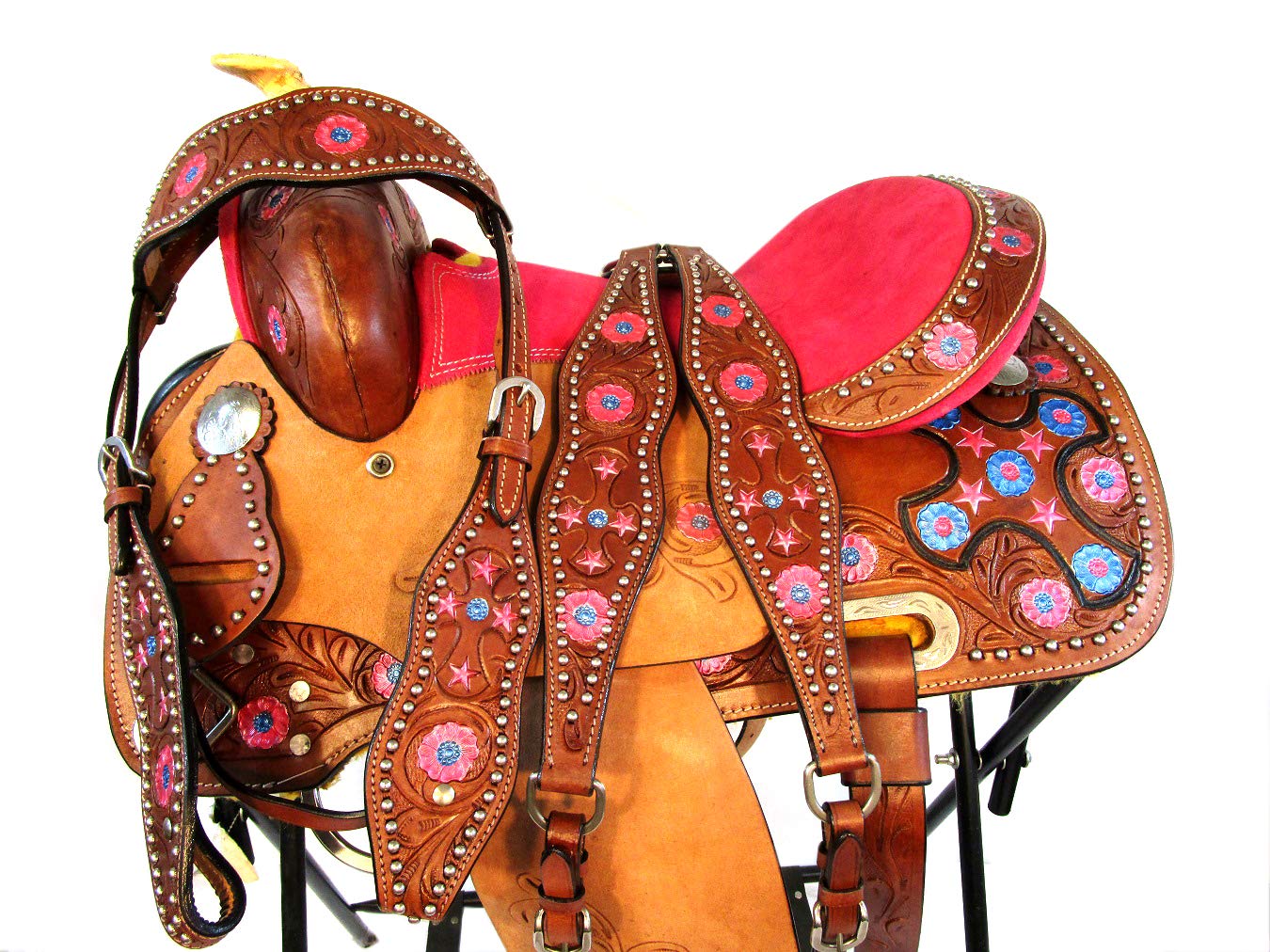 12 13 Cowboy Kids Youth Pink Blue Cross Tooled Leather Western Horse Saddle TACK (12)