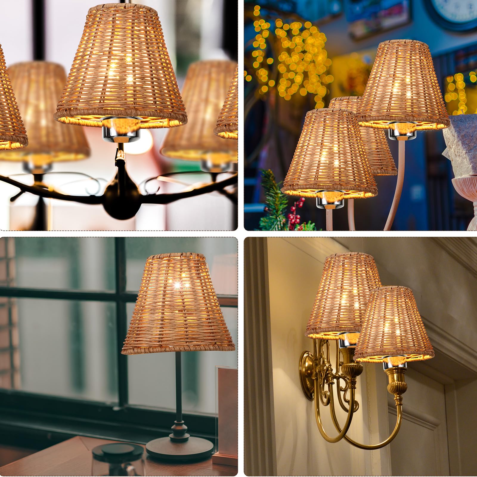 Set Of 2 Clip-On Rattan Lamp Shades – Boho Wicker Design, 3" Top X 6" Bottom X 5" Slant Height, Beige, Natural Hand-Woven, Fits Candelabra (E12) & Medium (E26) Bulbs