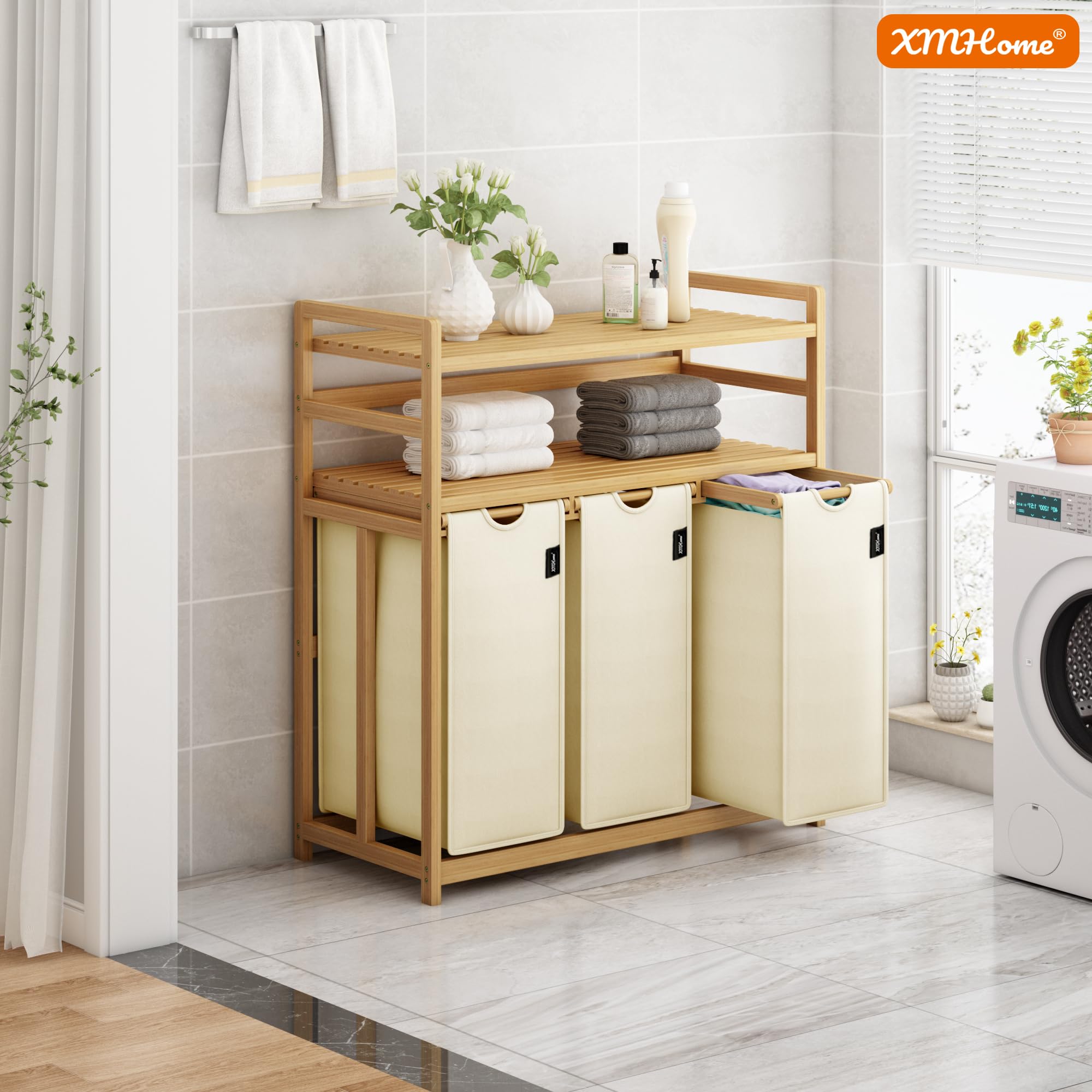 cesto para la ropa sucia con 3 compartimentos de 148 litros de bambú con 2 niveles Gran cesto de lavandería con bolsa extraíble rectangular Caja de lavandería para baño dormitorio y lavandería