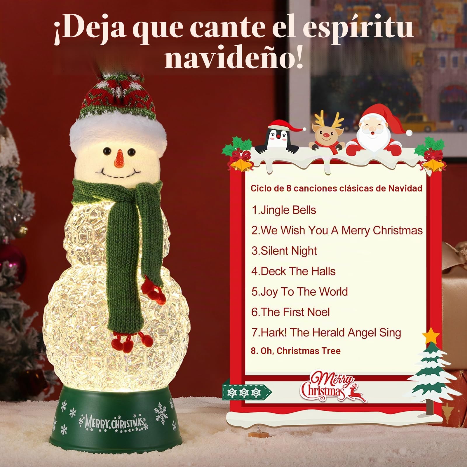 Lewondr Globo de Cristal Nieve Navideño, Hombre de Nieve con Bufanda Verde, Spinning Glow y 8 Canciones, Caja Musical Árbol Navidad, Alimentado por la Batería Lámpara de Navidad