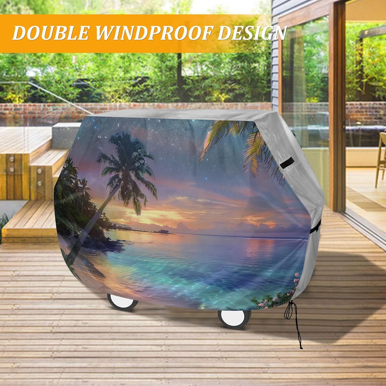 Premium Grill Cover Waterproof Barbecue Cover Fade Resistant BBQ Cover Heavy Duty Fits Grill Widths Up to 25 in (Sea Water Beaches Palm Trees Tropical Flowers)