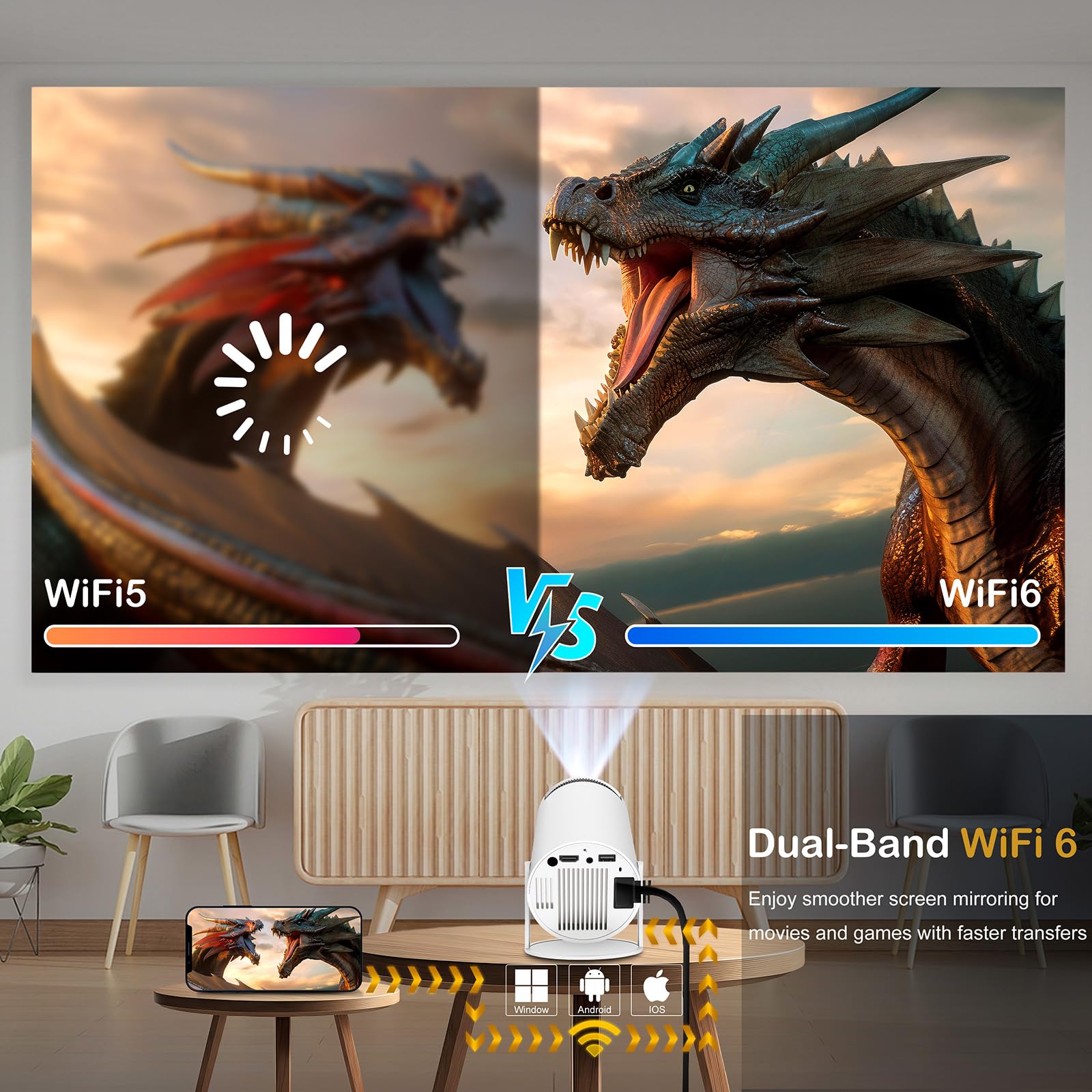 Mini Proiettore WiFi e Bluetooth, Proiettore portatile 4K 1080P, Correzione trapezoidale automatica, 200 ANSI-Lumen, 40"-130'' Schermo Proiettore Smart-Proiettore con Android 11.0