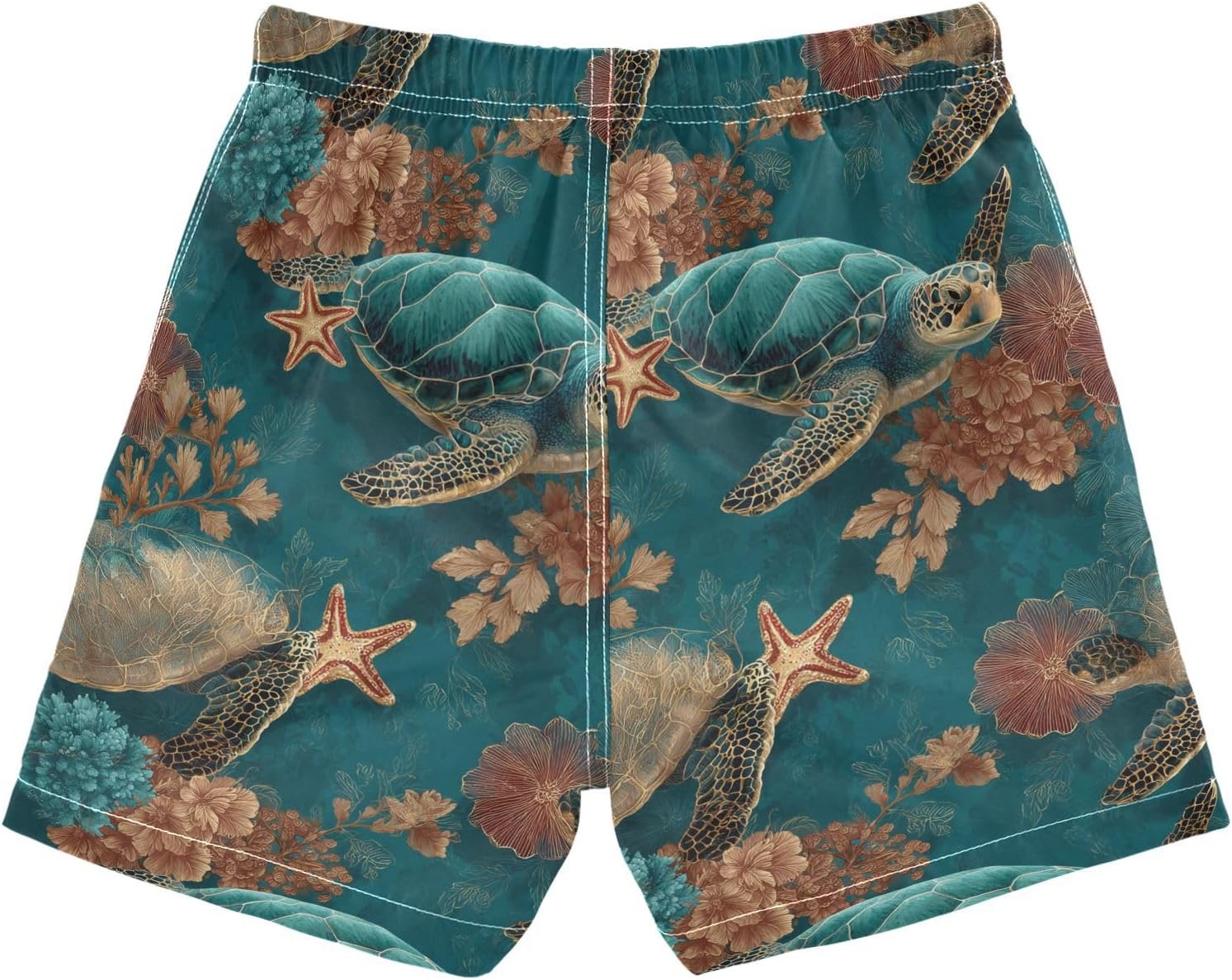 Boccsty Turquoise Boho Coral Starfish Sea Turtles Boys Swim Trunks Baby Kids Swimwear Summer Toddler Beach Board Shorts 2T