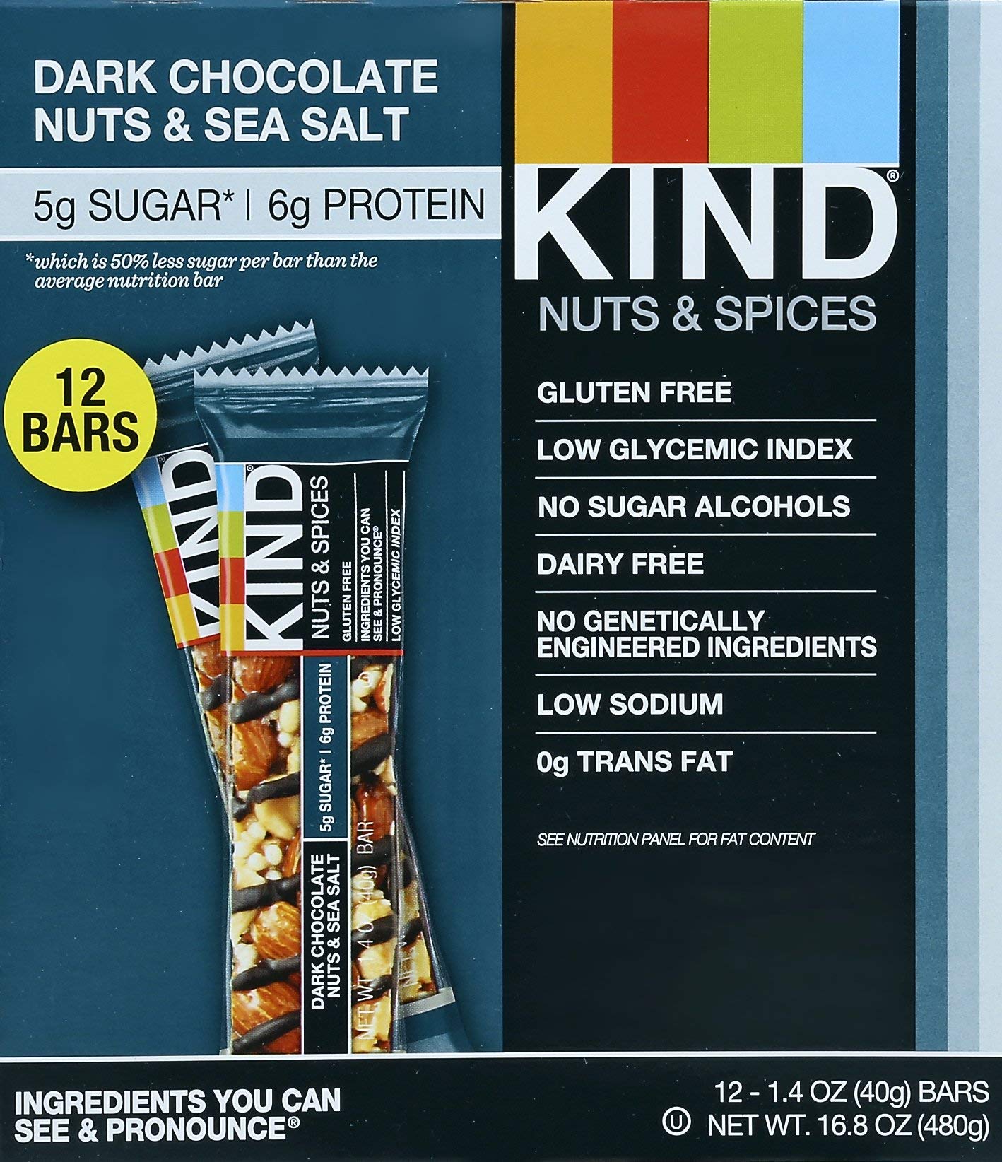 KIND NUTS & SPICES Low Carb Nutritional Snack Bar, 602652186651, Drk Chcl Nts & S Slt, 16.8 Ounce 12-Bars 