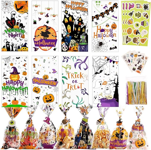 Halloween Cellophane Bags Treats Bags, 200 PCS Halloween Candy Bags for Kids Treat or Trick Party Supplies, 8 Styles Halloween Goodies Bags Gift Bags with Tattoo Stickers for Halloween Party Favors