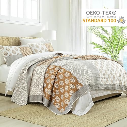 Miniatura 9 de Finlonte - Juego de edredón de algodón tamaño Queen acolchado 3 piezas reversible ligero decoración de cama para todas las estaciones colcha de