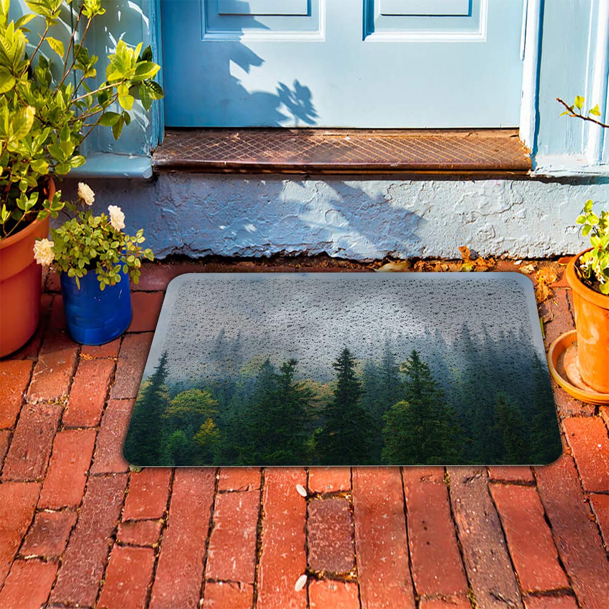Summerest Green Plants Mountains Welcome Doormat,Non-Slip Patio Rug Pad Outdoor Indoor Autumn Natural Landscape Mist,Heavy Duty Duraloop Mesh Dirt Mud Trapper Kitchen Living Room Entrance 18x30In